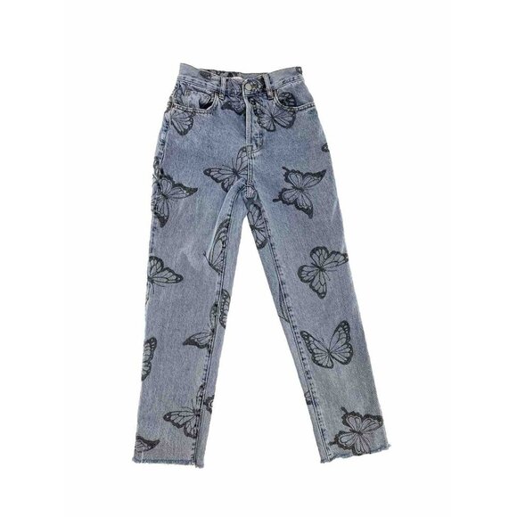 PACSUN High Rise Straight Jeans Womens‎ 23 Blue Fray Button Fly Butterfly Print - Picture 1 of 11